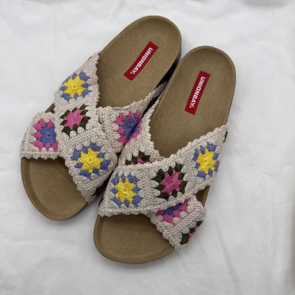 Unionbay Crochet Cross-Strap Slide Sandals Multicolor Beachy Boho Womens 7
